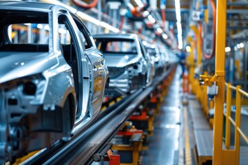 Automobile manufacturing line with new cars in production at high-tech factory AI