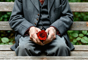 An elderly man on a bench, holding a red flower. 