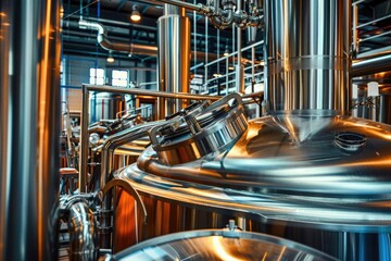 Intricate beer brewing process in a modern brewery facility AI
