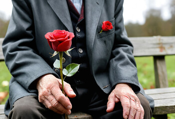 An elderly man on a bench, holding a red flower. 