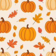 Pumpkin and autumn leaves seamless pattern vector presentation background, pastel orange color scheme, halloween pattern