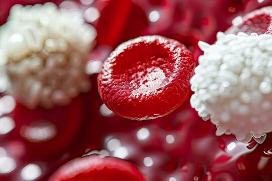 A surreal close-up of red blood cells and white blood cells illuminated by a soft, ethereal light in a pulsating blood vessel