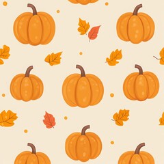 Pumpkin and autumn leaves seamless pattern vector presentation background, pastel orange color scheme, halloween pattern