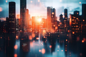 A city skyline with a bright orange sun in the background