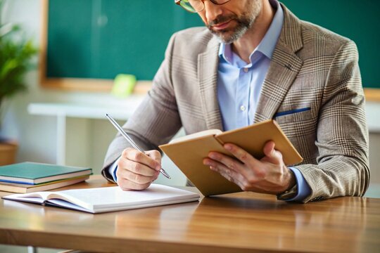 A male teacher sitting at a table at school checks the work of students.World Teachers Day