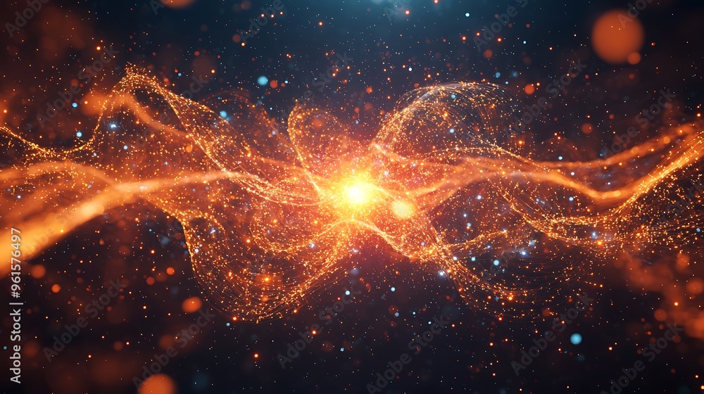 Poster a background filled with glowing orange and blue particles, creating a vibrant and dynamic visual.