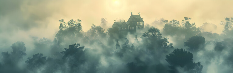 Hazy silhouettes of a forest at dawn, trees obscured by morning mist in the background