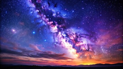 Vibrant purple and blue hues fill the sky, illuminated by countless stars