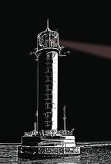 The lighthouse beam illuminates the way to the port at night.
Vorontsov lighthouse in Odessa on the Black Sea at night.