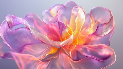 Obraz premium 3D abstract alien flower with fluid, organic lines and translucent plastic in shades of pink, purple, and yellow.
