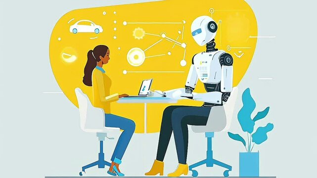 White robot talking to a human woman sitting by the table with laptop on it, display board with car and gears and charts in the background, isolated on light coloured background, vector cartoon video 