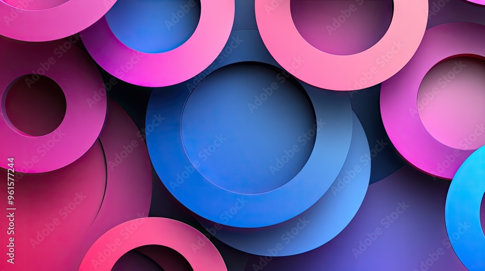 Poster 3d abstract background with overlapping circles and rings in a gradient color scheme, creating a smo