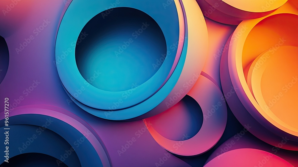 Poster 3d abstract background with overlapping circles and rings in a gradient color scheme, creating a smo
