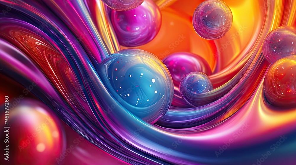 Poster 3d abstract background with spiraling lines and orbs in vibrant colors, giving a dynamic and energet