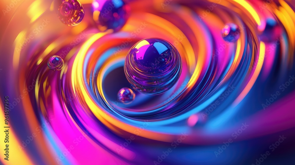 Poster 3d abstract background with spiraling lines and orbs in vibrant colors, giving a dynamic and energet