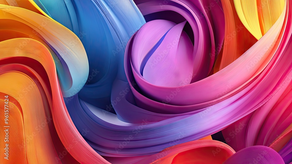 Poster 3d abstract background with twisted ribbons and spirals in bright colors, creating an energetic and 