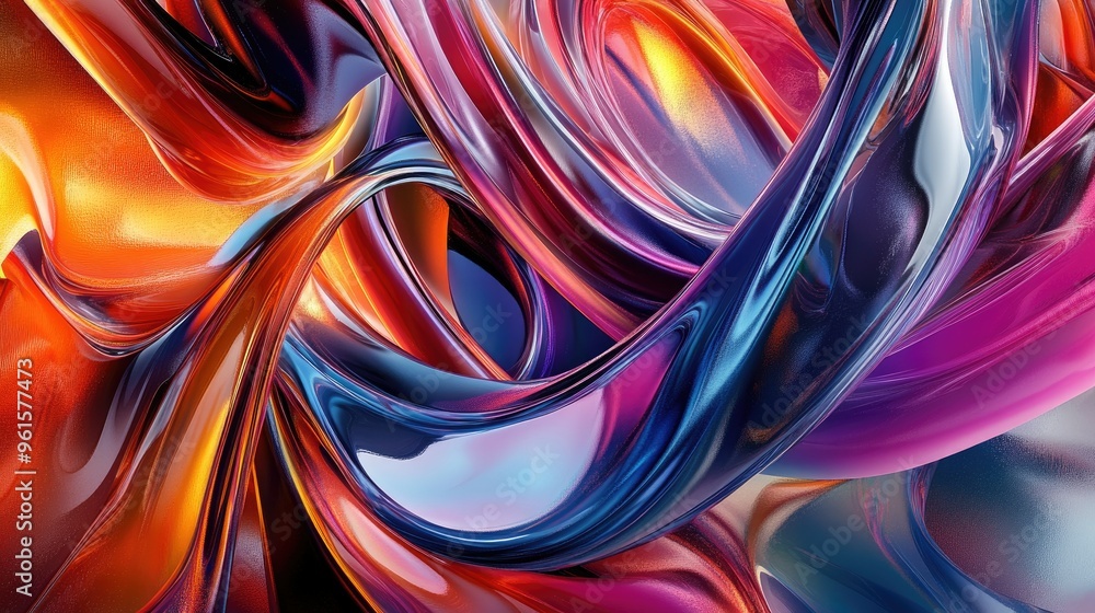 Poster 3d abstract colorful fluid ribbons intertwining and overlapping, creating a dynamic, energetic compo