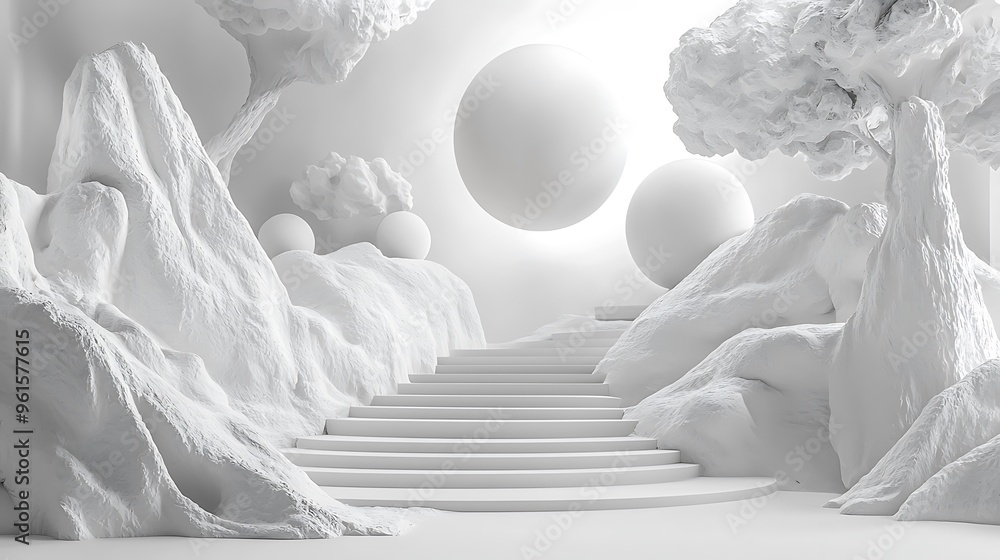 Poster an abstract white mountain landscape with steps and spheres, creating a minimalist and surreal scene