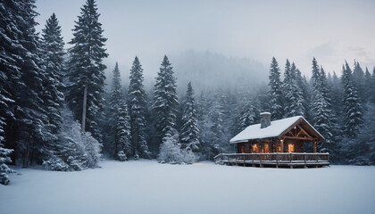 Bosque cubierto de nieve y acogedora cabaña en un paisaje sereno