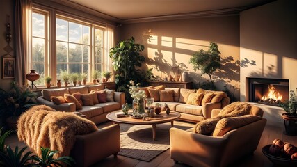 A living room with a fireplace and a couch with pillows and a fireplace.