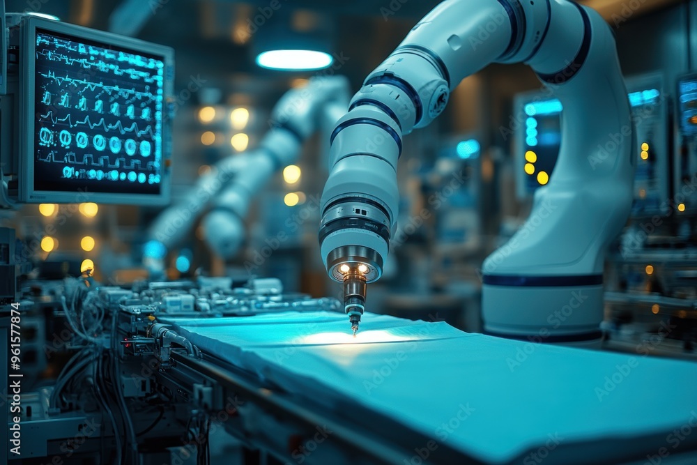 Poster robotic arm performing a precision task in a modern industrial setting