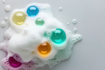 Vibrant Soap Foam and Bright Bubbles on White Background