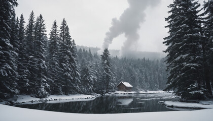 Bosque cubierto de nieve y acogedora cabaña en un paisaje sereno