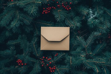 A holiday-themed flat-lay featuring an envelope with a blank card nestled among green pine