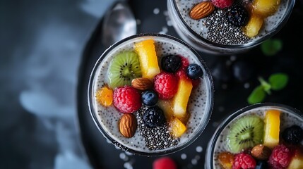 Chia pudding topped with fresh fruits and nuts, brain-stimulating dessert, healthy and satisfying.