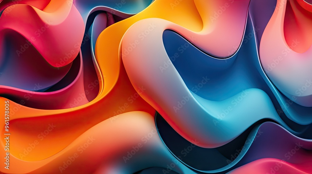 Poster 3d fluid shapes in bold, vivid colors intertwining in an abstract pattern, evoking a sense of moveme