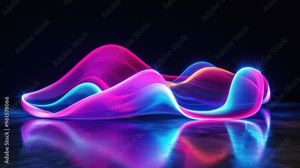 Poster 3d neon wave design illuminated against a dark background, with its colorful reflection shimmering o