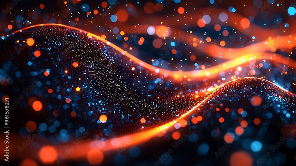 Poster abstract orange and blue bokeh lights with sparkles, creating a glowing and festive atmosphere.