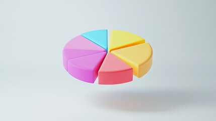 Obraz premium 3D pie chart with vibrant segments floating in mid-air, set against a white minimalist background
