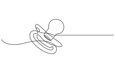 Continuous line drawing of pacifier. Pregnancy planning concept. Vector illustration, Continuous one line drawing of baby pacifier in silhouette on a white background. Linear stylized