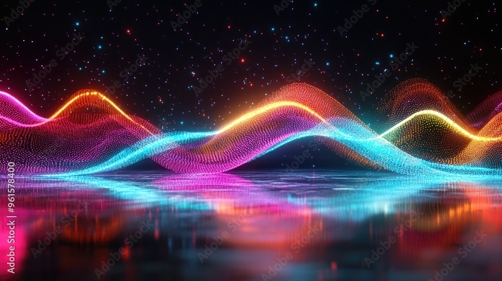 Poster 3D render of a neon wave with luminous colors in a dark environment, with its reflection creating a dynamic effect on the floor.