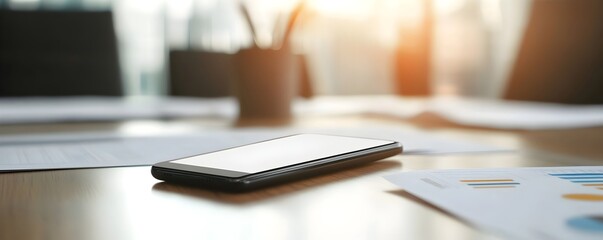 Smartphone on a desk with financial charts - Office work and business analytics concept.