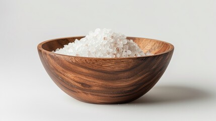 Wooden bowl with salt on a white background
