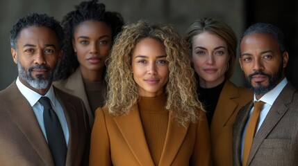 Fototapeta premium professional harmony a diverse group of executives arranged in a dynamic pyramid formation their attire a symphony of muted earth tones exuding confidence and unity