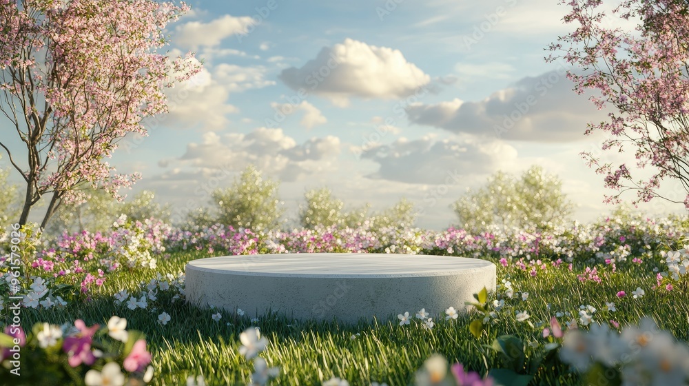 Aufkleber 3d rendering of a podium nestled in a field of blooming spring flowers, creating an ideal natural be