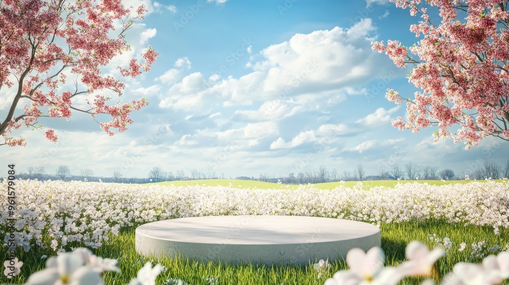Poster 3d rendering of a podium nestled in a field of blooming spring flowers, creating an ideal natural be