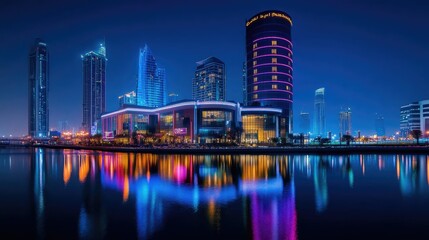 Obraz premium A beautiful night shot of Festival City in Dubai, featuring the Hotel Crowne Plaza and Hotel Intercontinental illuminated in the skyline.
