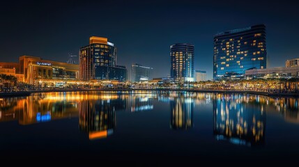 Obraz premium A beautiful night shot of Festival City in Dubai, featuring the Hotel Crowne Plaza and Hotel Intercontinental illuminated in the skyline.