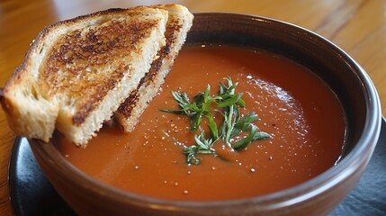A bowl of creamy tomato soup served with a side of grilled cheese bites