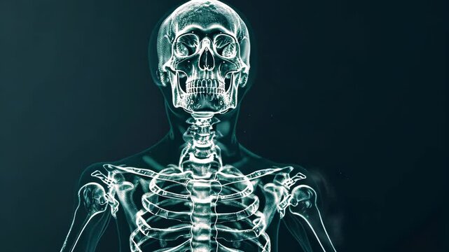X-ray image of human skeleton against dark background