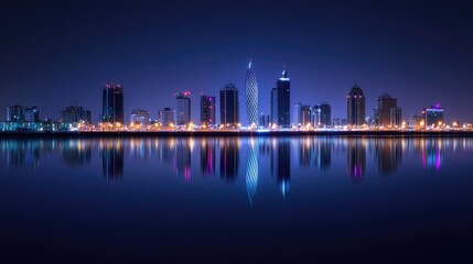 Fototapeta premium A breathtaking night shot of Manama, Bahrain, featuring the illuminated skyline along Bahrain Bay and its reflections in the water.