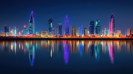 Fototapeta premium A breathtaking night shot of Manama, Bahrain, featuring the illuminated skyline along Bahrain Bay and its reflections in the water.