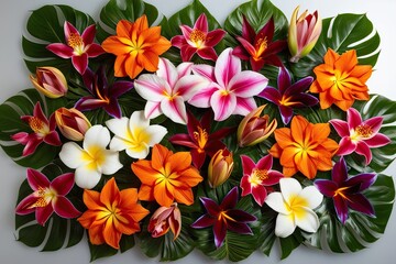 Stunning Display of Colorful Exotic Tropical Flowers on a Bright Background
