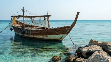 Fototapeta premium A dhow anchored near the shore, with fishing nets and equipment on board, highlighting its role in traditional Arabic fishing.