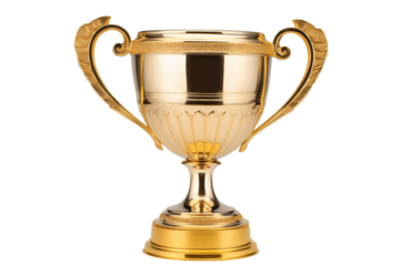 Golden trophy shiny material short gold base two handles side angle isolated on transparent background