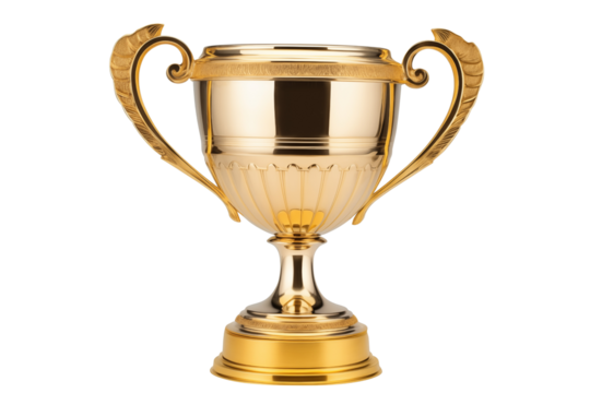 Golden trophy shiny material short gold base two handles side angle isolated on transparent background